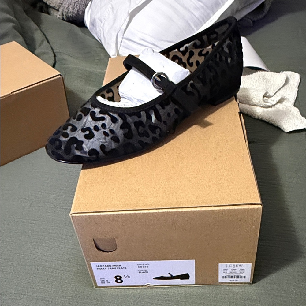 J. Crew Factory Black Leopard Velvet Mary Jane Flats